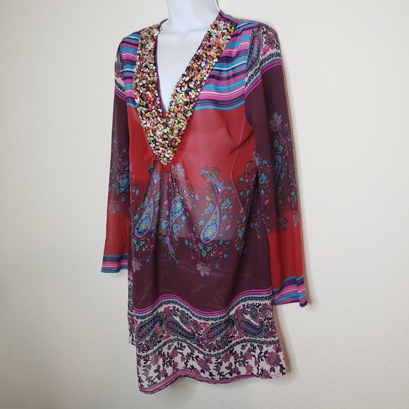 Mix Nouveau NY Women's Sz S Multicolored Embellished Sheer Blouse - Picture 2 of 6